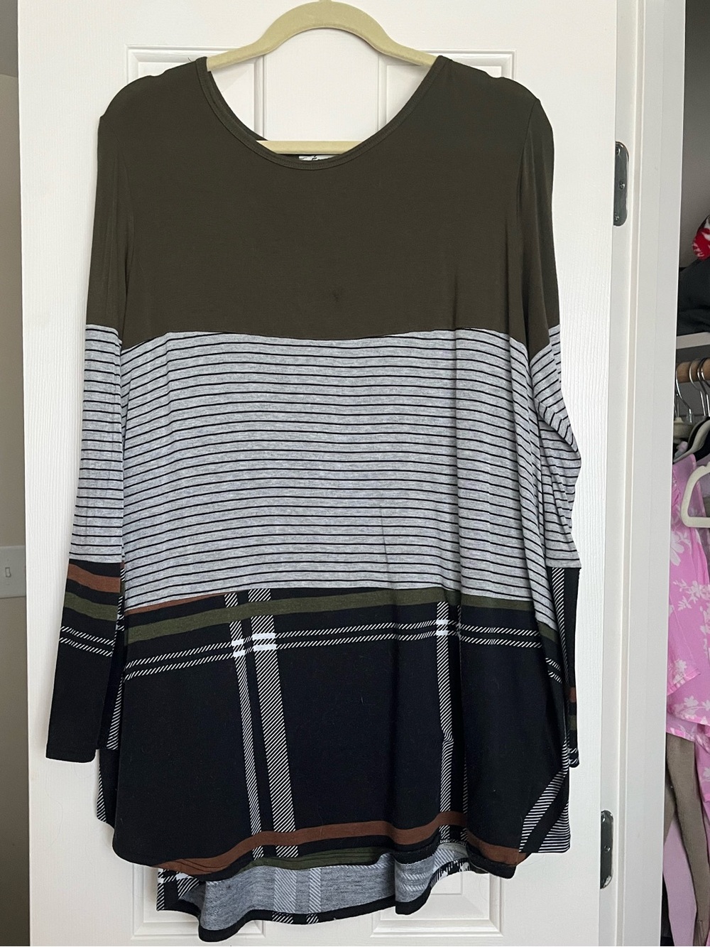 Olive and Black Mixed-Pattern Long Sleeve Shirt Dress